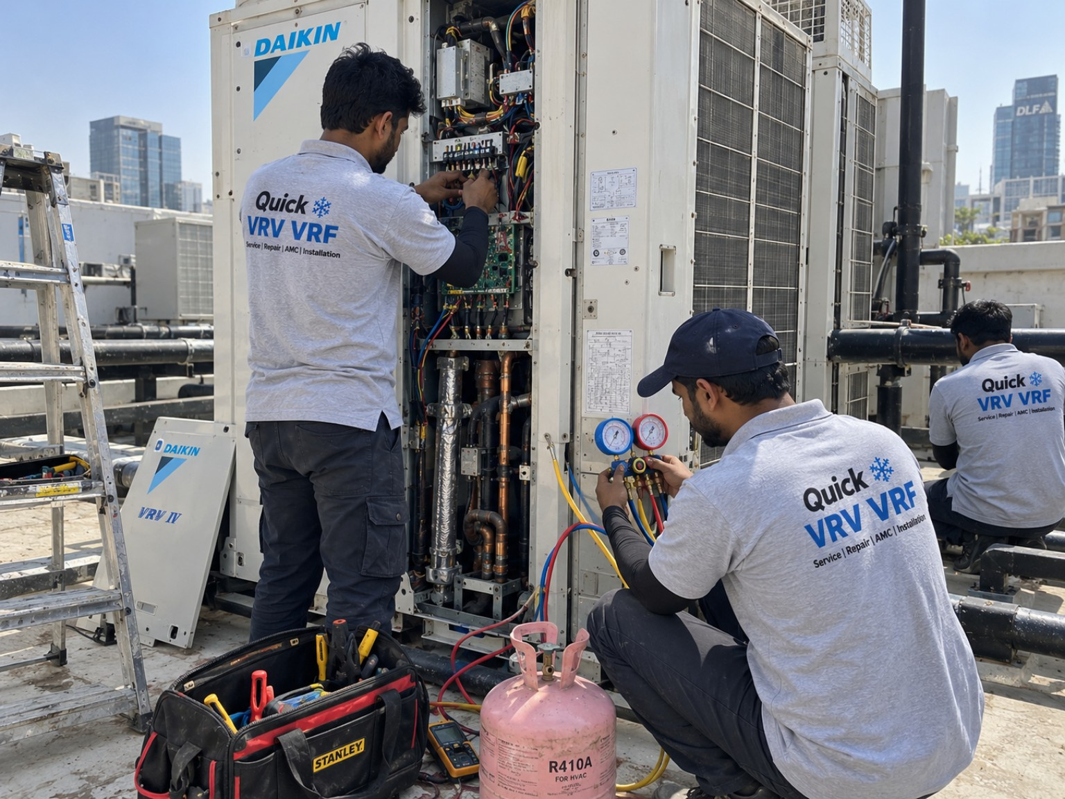 VRV VRF air conditioning service technicians working on AC equipment